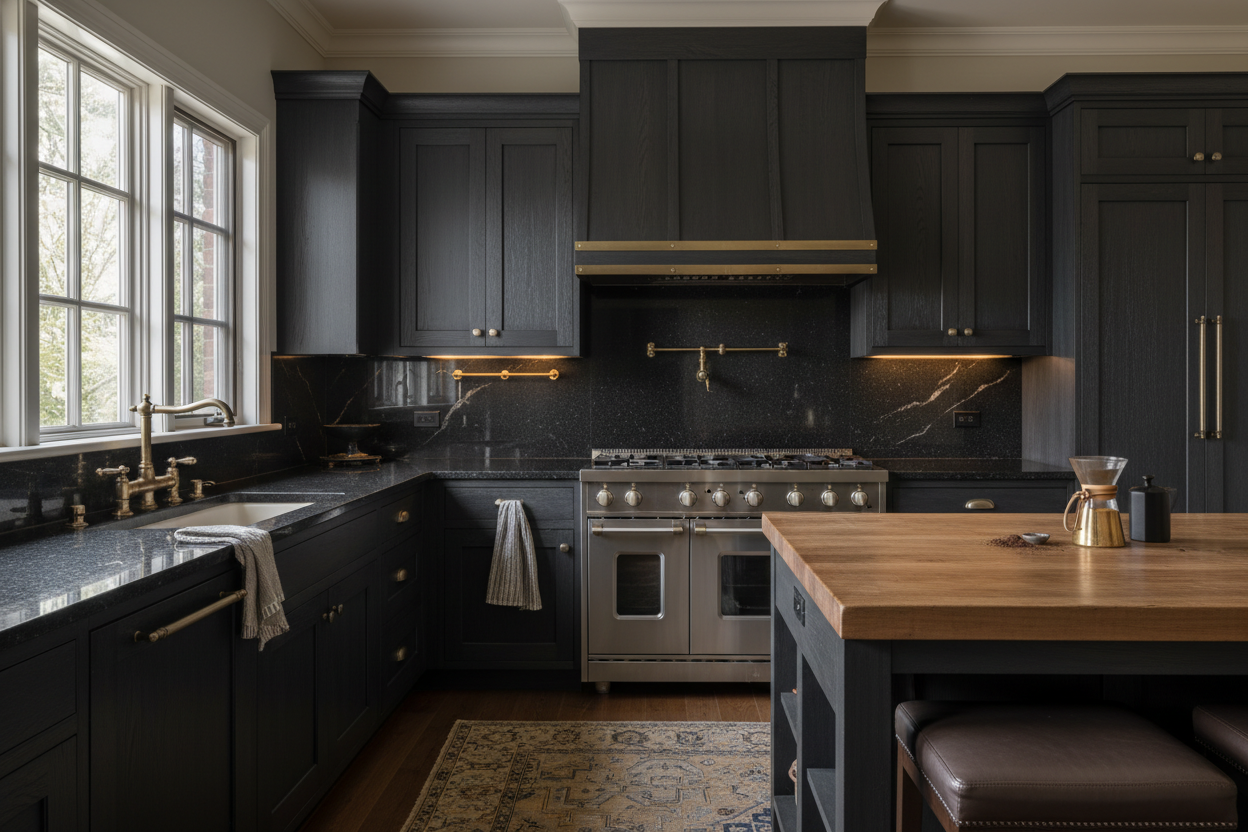 Believable luxury kitchen with soft lighting and dark cabinetry