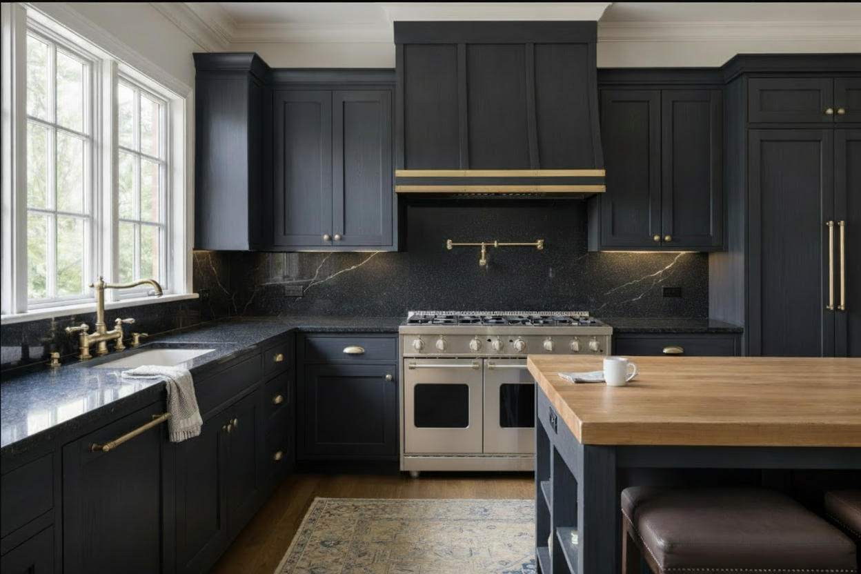 Kitchen range with black oven windows