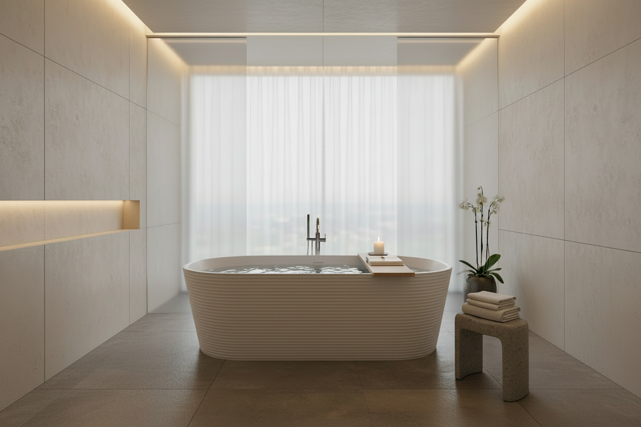 Spa bathroom with white textured tub