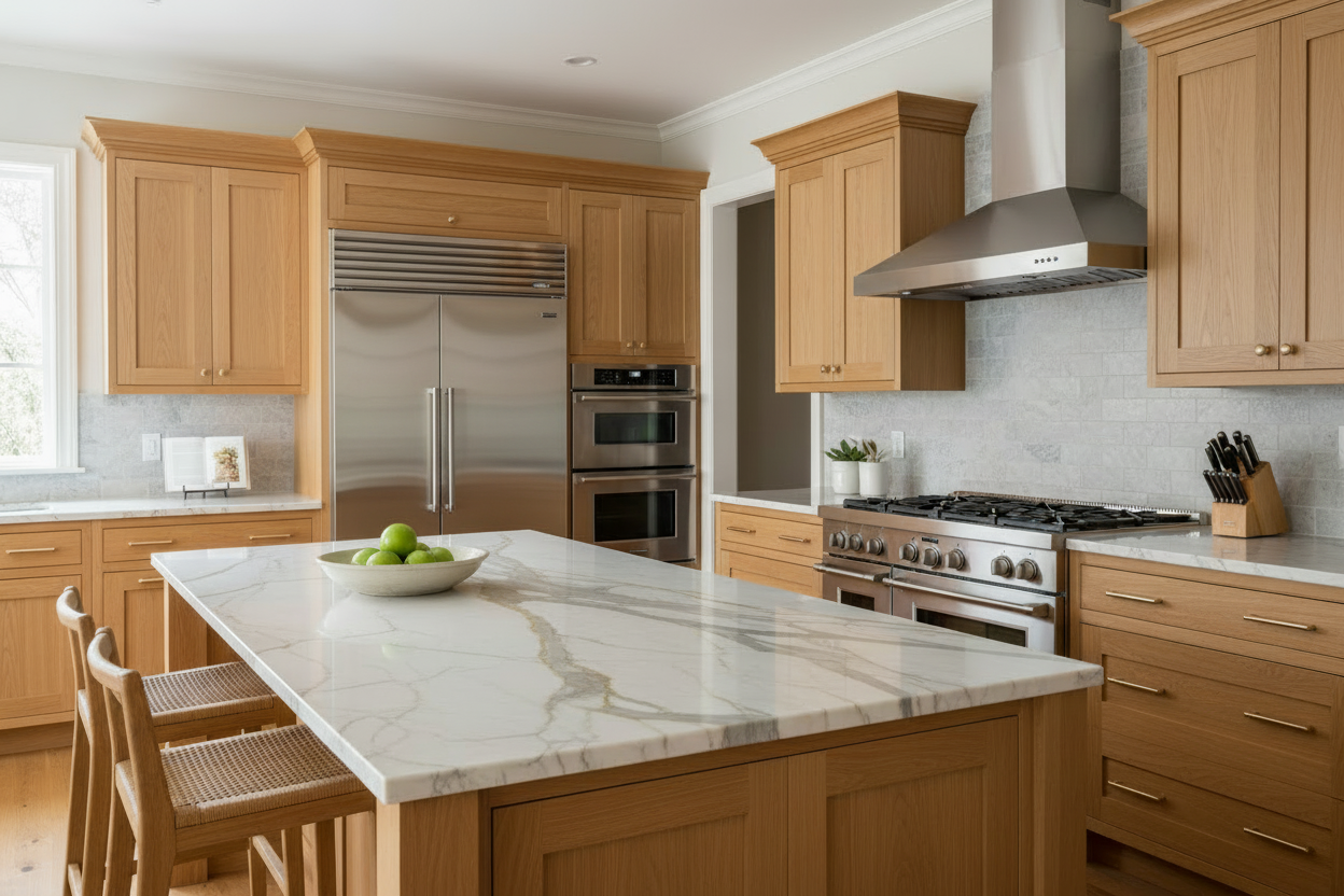 Kitchen with stainless steel refrigerator