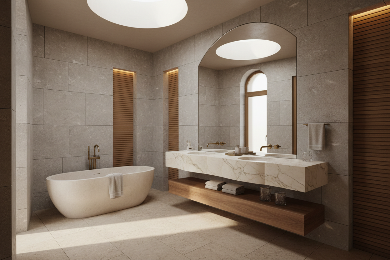 Luxury architectural bathroom with sculptural vanity