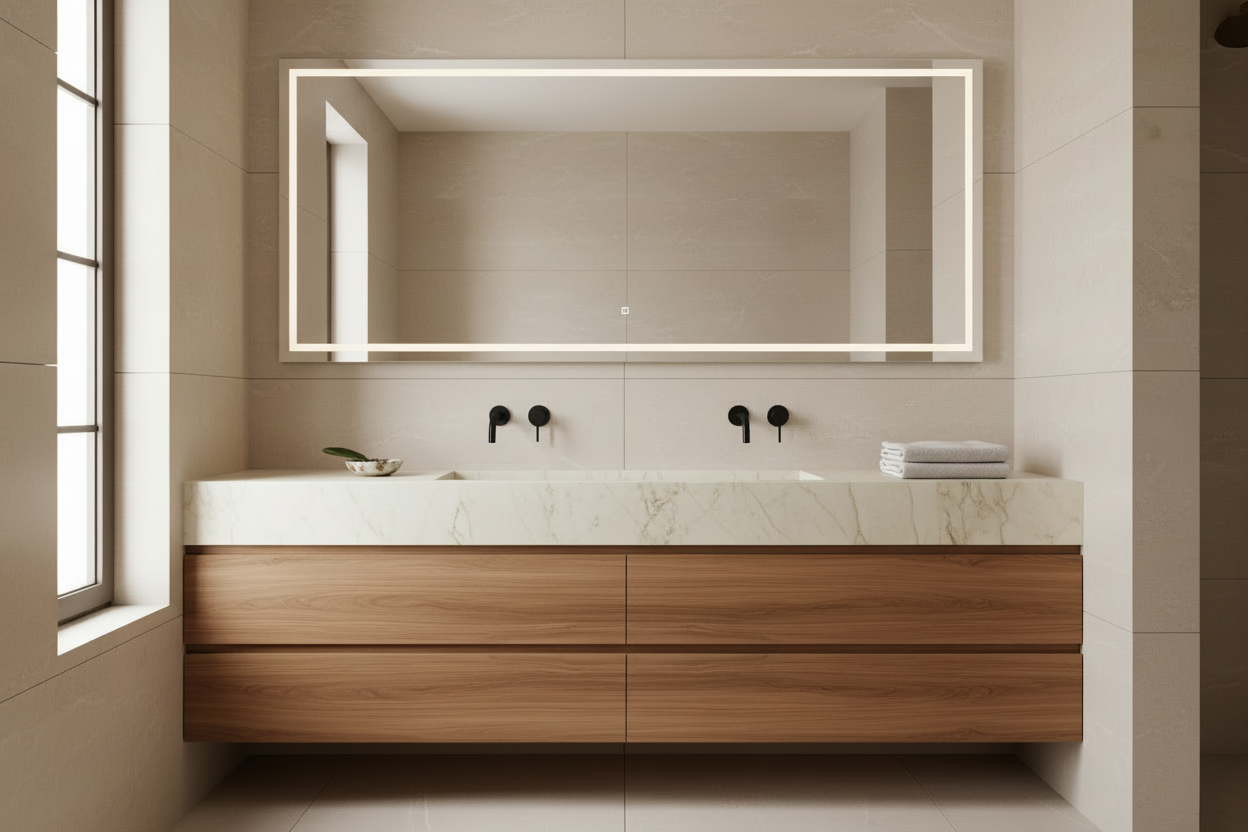 Luxury bathroom vanity with rectangular mirror