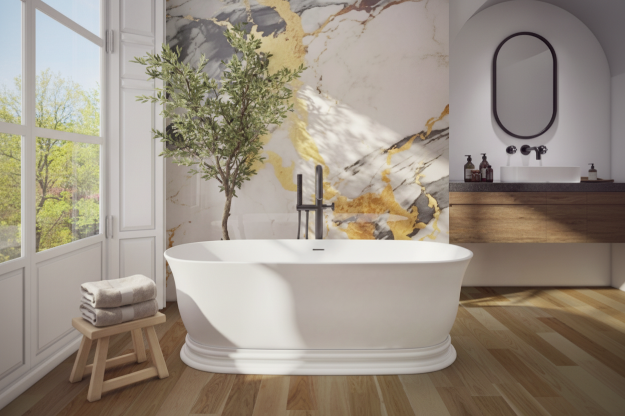 Luxury bathtub with artistic watercolor background