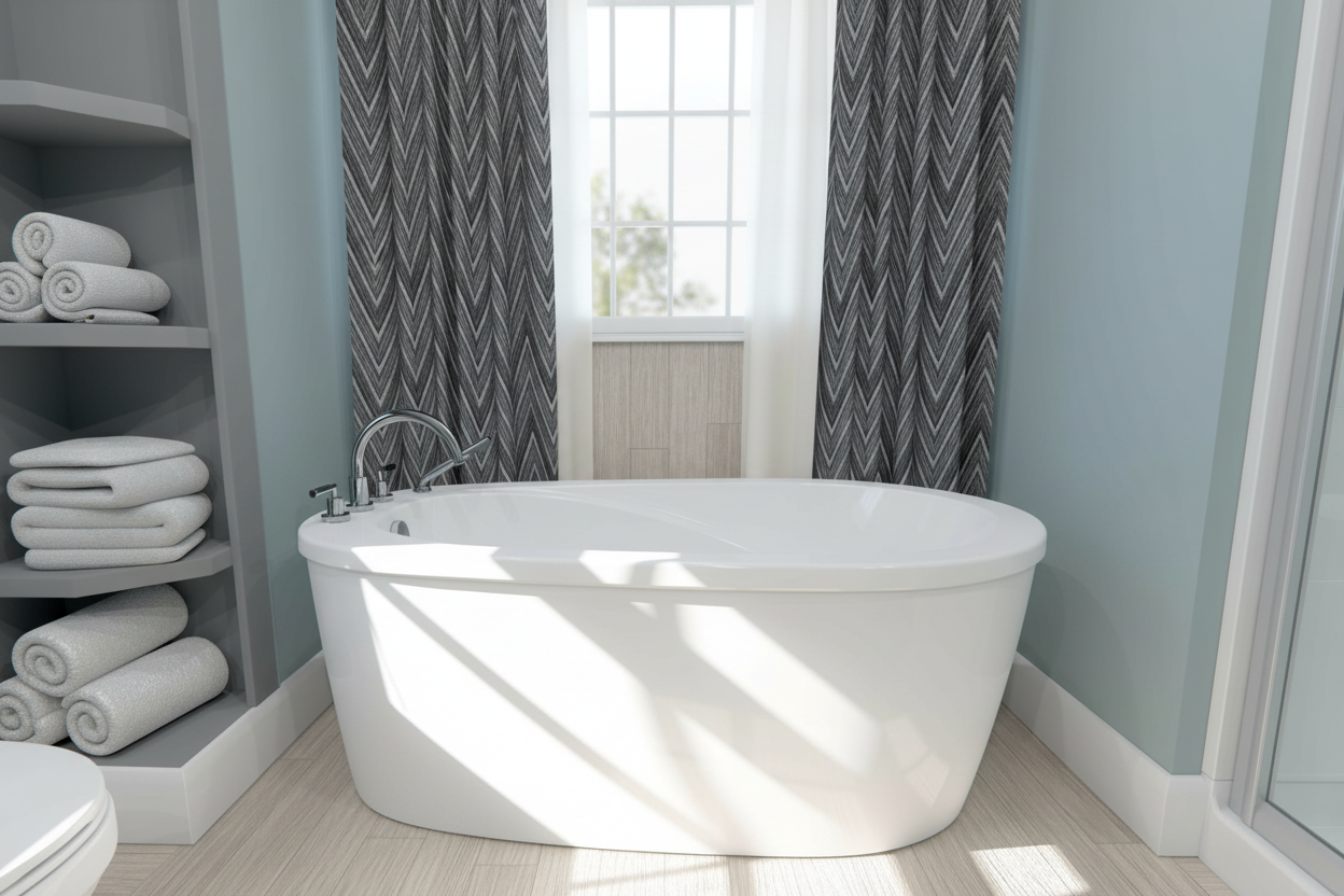 Luxury bathtub with blue-grey spa background