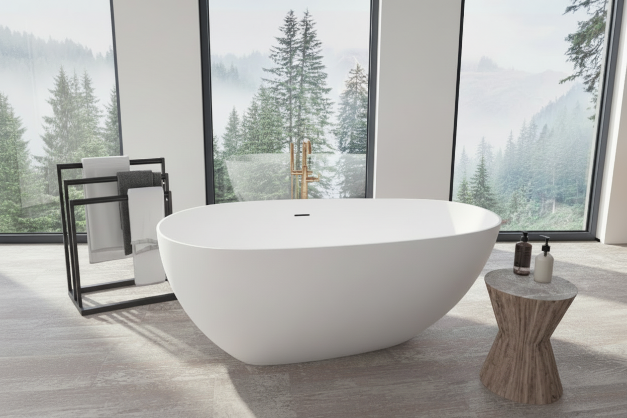 Luxury bathtub with forest view
