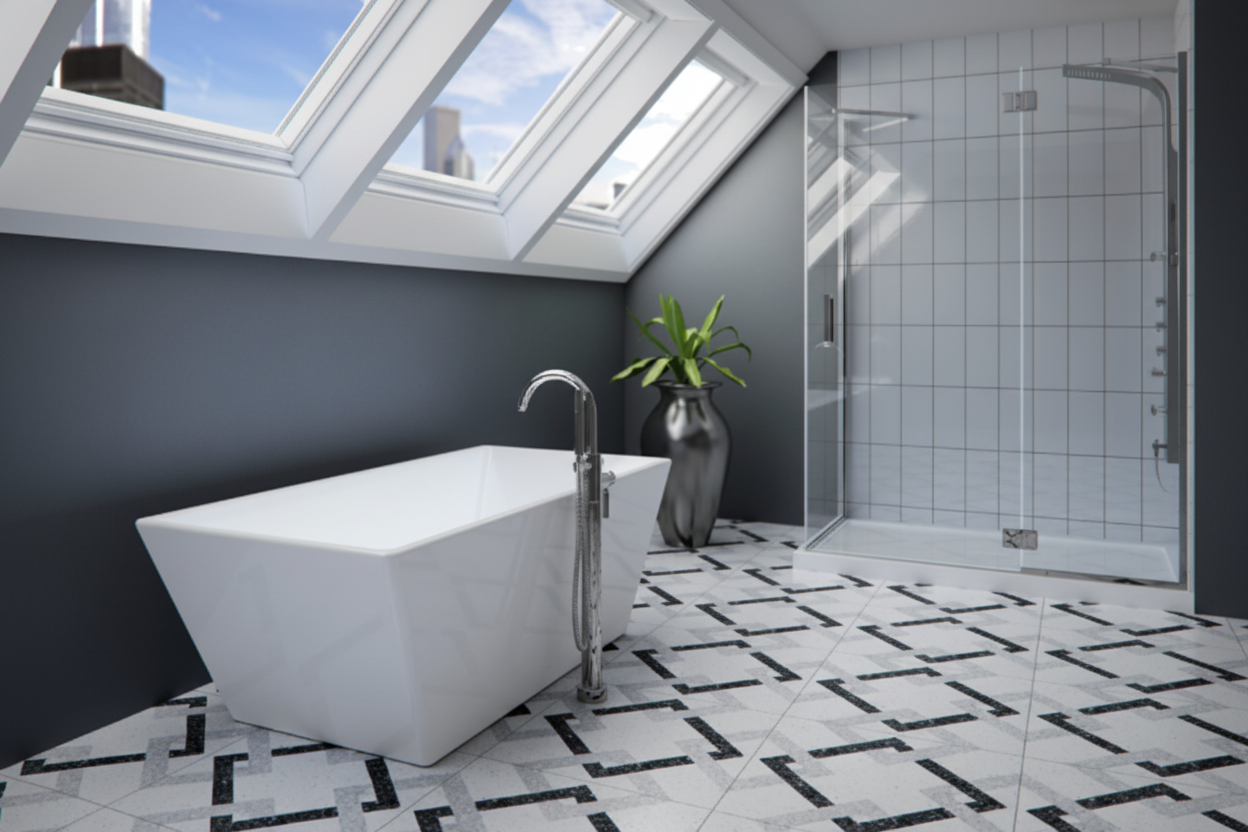 Luxury bathtub with skylight and geometric flooring