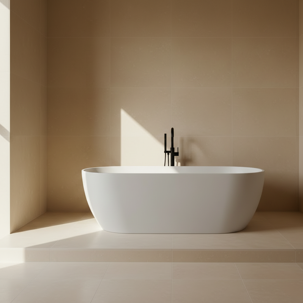 Sculptural matte white freestanding bathtub in architectural bathroom