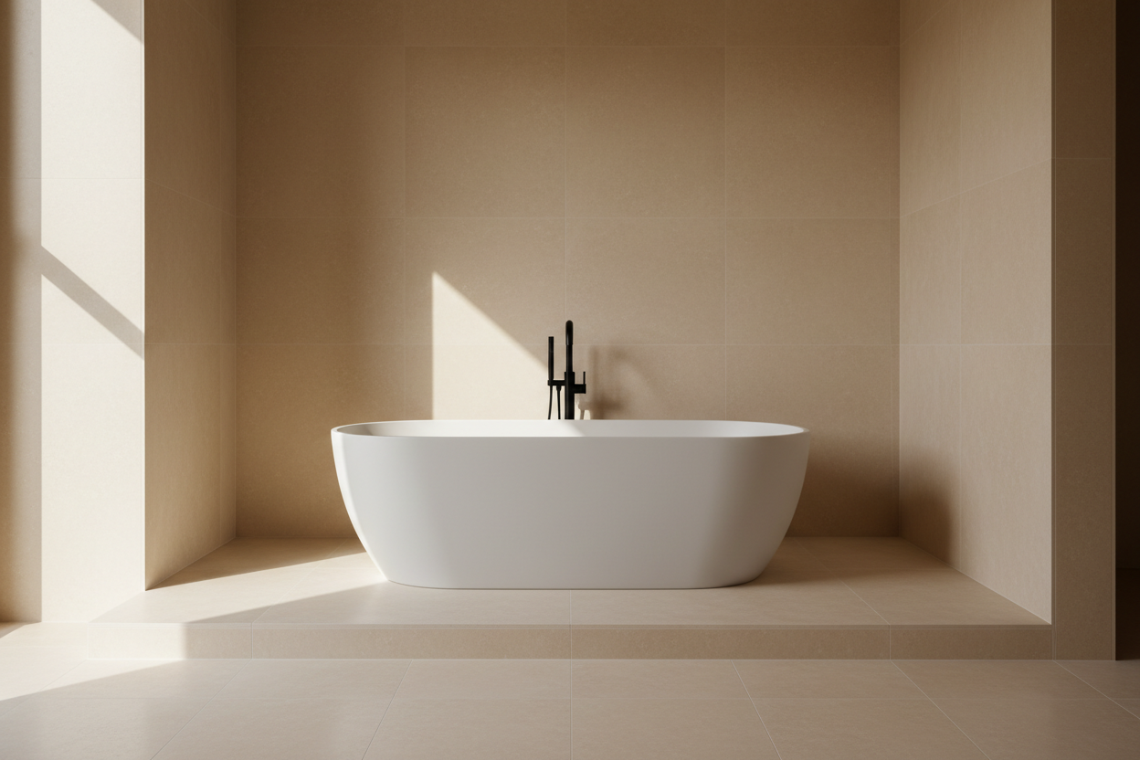 Sculptural matte white freestanding bathtub in architectural bathroom